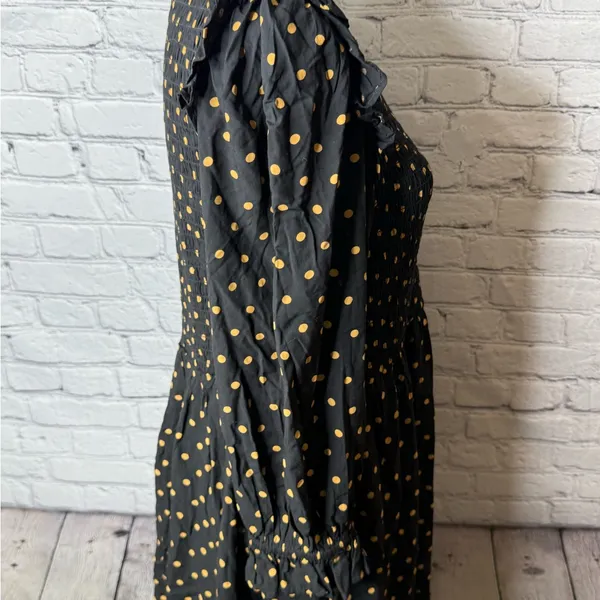 Madewell lucie smocked v neck mini dress Black Dress with Gold Dots size medium - Image 10