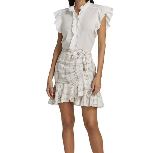 VERONICA BEARD Kaia Tan & White Check Plaid MINI Skirt w/Tie Women's Size XSmall - Image 2