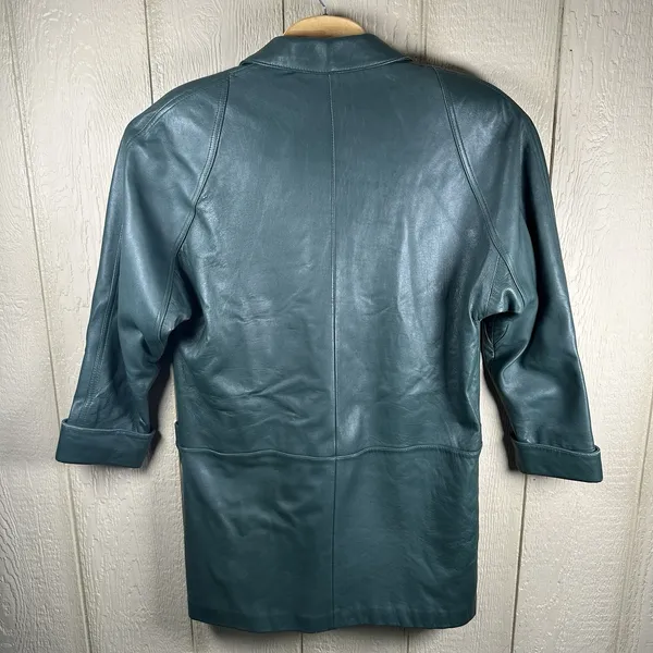 Vintage Tibor Womens Medium Green Leather Coat Jacket Mid-Length Shoulder Pads - Image 4