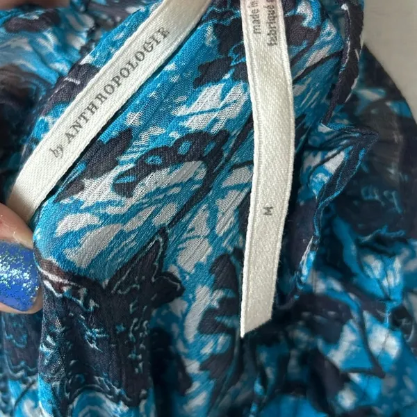 Anthropologie Blue Black Floral Lace Print SHEER Blouson Sleeve Blouse - Image 5