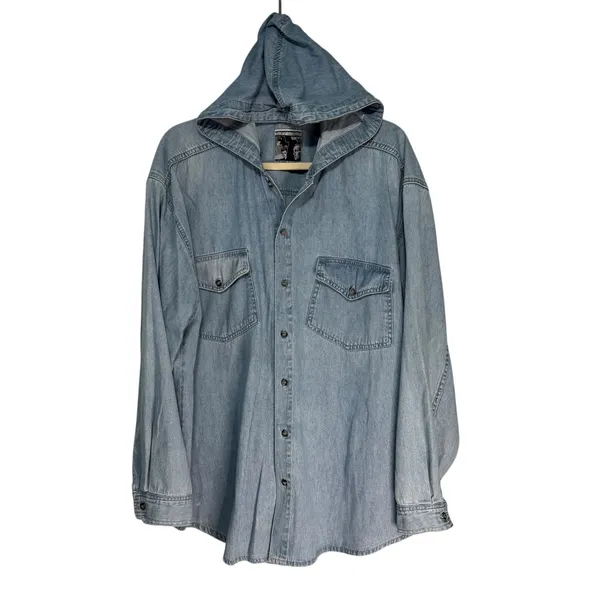 HEY MAN STYLE‎ AND SUBSTANCE Denim Hoodie Shirt Blue Washed Cotton Size L - Image 2