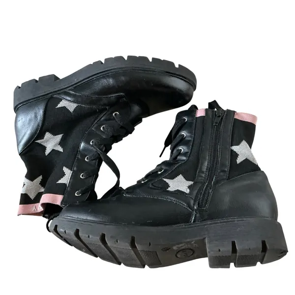 DKNY black with pink knit stars Stassi moto boots youth size 5 women’s size 7 - Image 4