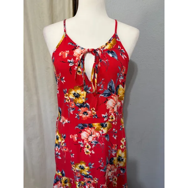 Band of Gypsies Red Floral Tiered Maxi Dress Small Halter Keyhole Boho Sundress - Image 12
