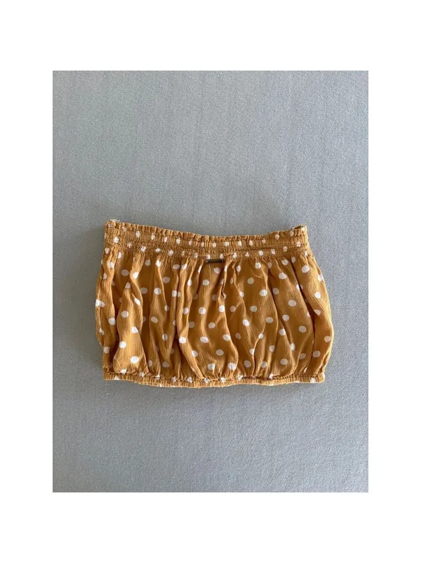 Billabong Tube Top Large Mustard Yellow Polka Dot Smocked Cropped Strapless - Image 3