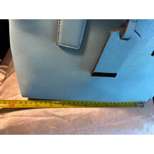 Blue Saffiano Dome Satchel Bag with Gold Heart Detail and Striped Lining - Image 7