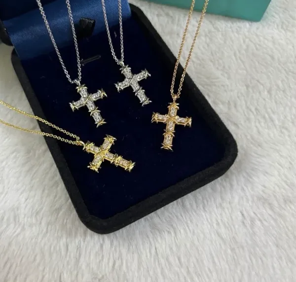 Silver Crystal Cross Pendant Necklace Gold - Image 3