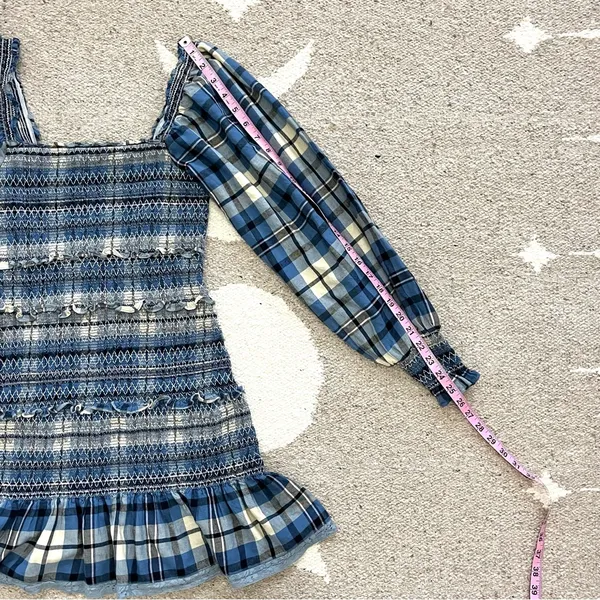 LoveShackFancy Stanley Blue Plaid Smocked Mini Dress Medium - Image 11