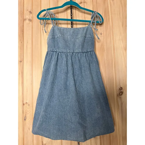 NWT Lulus Charmed Aura Light Denim Tie-Strap Bubble-Hem Mini Dress Babydoll Sz S - Image 2