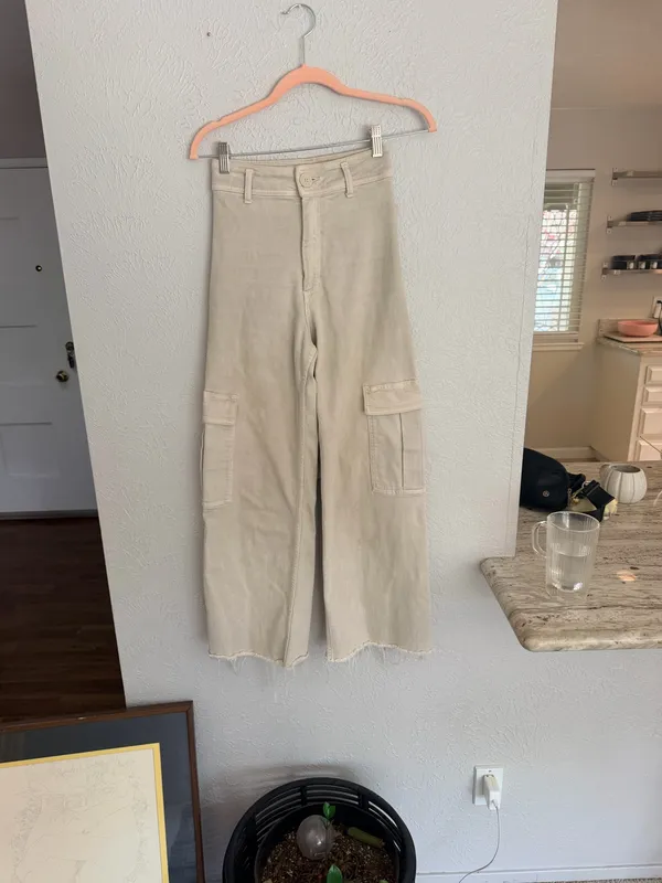 Zara marine cut off raw hem cropped khaki tan cargo wide leg pants 0 - Image 3