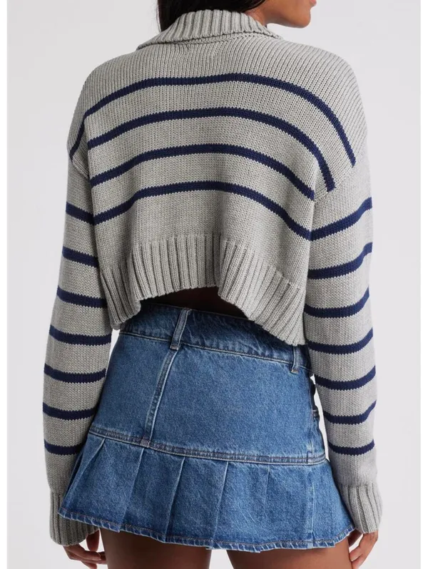 PacSun Callie Cotton Stripe Crop Polo Sweater Heather Gray XL - Image 8
