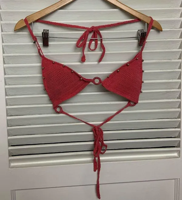 SM Salmon pink crochet triangle bikini top - Image 2