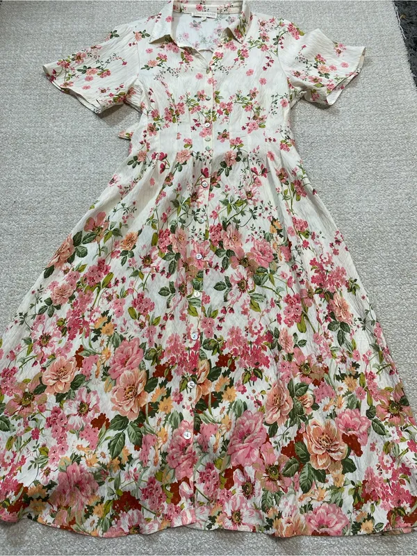 Floral Button-Front Midi Dress in Cream and Pink Size M - Image 15