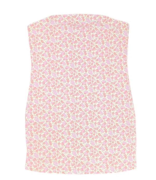 New Floral Print Knit Tube Dress Strapless Mini Green Pink - Image 13