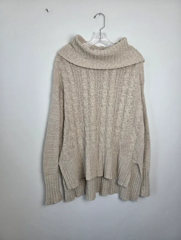 Mossimo Cowl Neck Roll Neck Sweater Chunky Cable Knit Cotton Oatmeal Beige L - Image 2