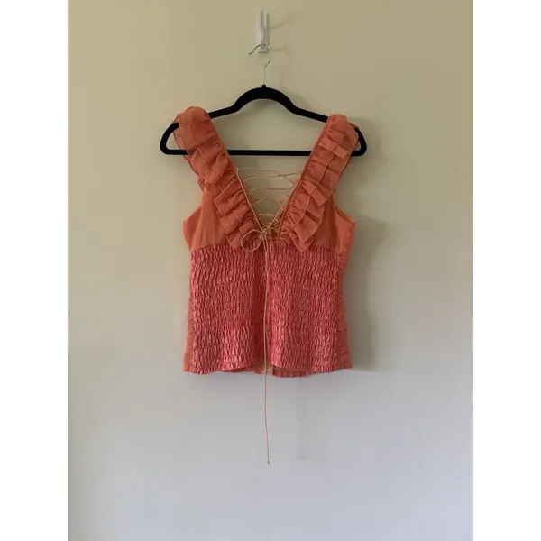 Vintage Y2K Sherbet Orange & pink Coral Corset Top Smocked Ruffle Blouse Large - Image 2
