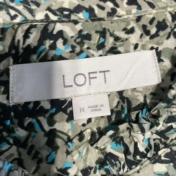 LOFT Pintucked Ruffle Mock Neck Floral Blouse Medium Black Green Cotton Boho Top - Image 8