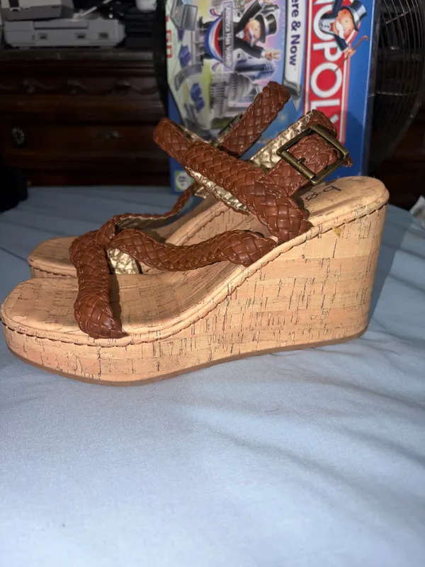 New Womens BOC Born Concept Chrissy Brown Braided Cork Wedges Sandals Size - Image 2
