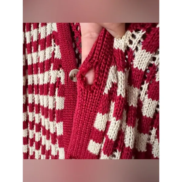 Source Unknown Damson Madder crochet sleeveless cardigan top red and ivory checkered pattern - Image 9