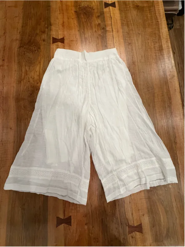 New Directions White Linen Blend Culottes Palazzo Pants Wide Leg Lace Trim Med M - Image 3