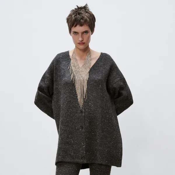 Nwot Zara Wool / Alpaca Blend Rib Trim Knit Long Cardigan Gray Small - Image 5