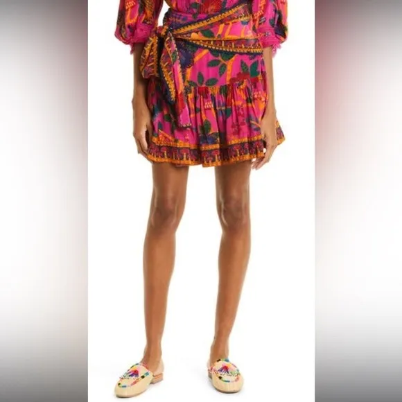Farm Rio Mini Skirt Pink Tropical Bird Mushroom Print Wrap Tie Tiered Ruffle M - Image 2