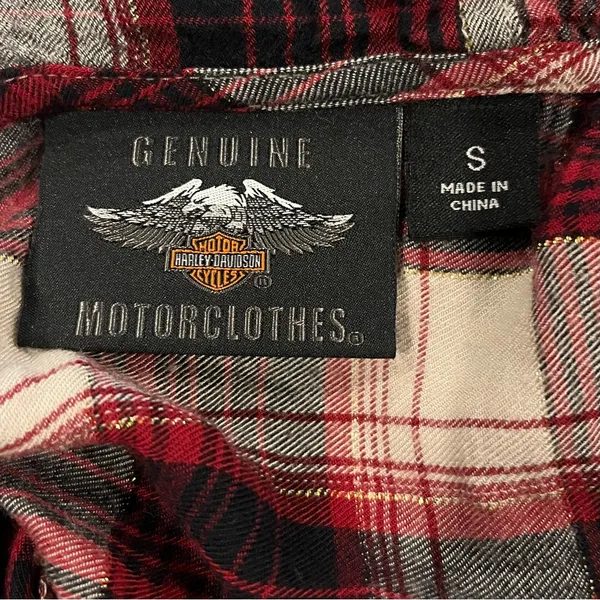 🏍️ Harley Davidson Red Plaid Hooded Long Sleeve Shirt Size Small🏍️ - Image 4
