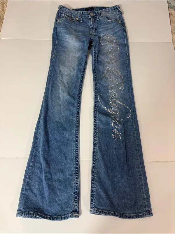 True Religion Blue Flare Jeans with Rhinestone Script - Image 7