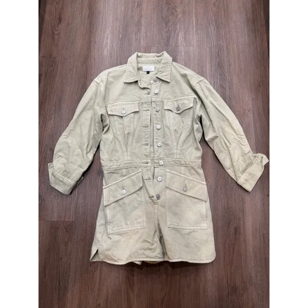 7 For All Mankind Unique Utility Denim Jumpsuit‎ Dress Khaki Button Front Pockets Size S - Image 2