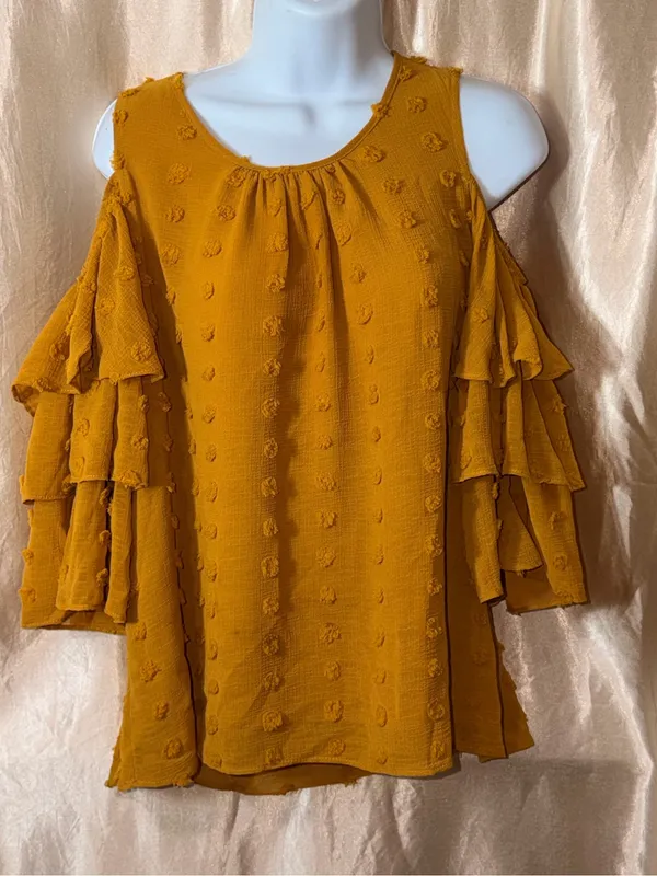 Cato Mustard Textured Ruffle Sleeve Tunic - Image 3