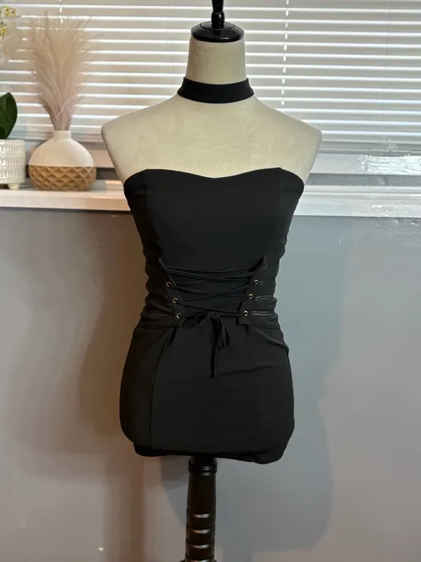 Black Strapless Corset Lace-Up Mini Dress Size S Bodycon Going Out Party - Image 2