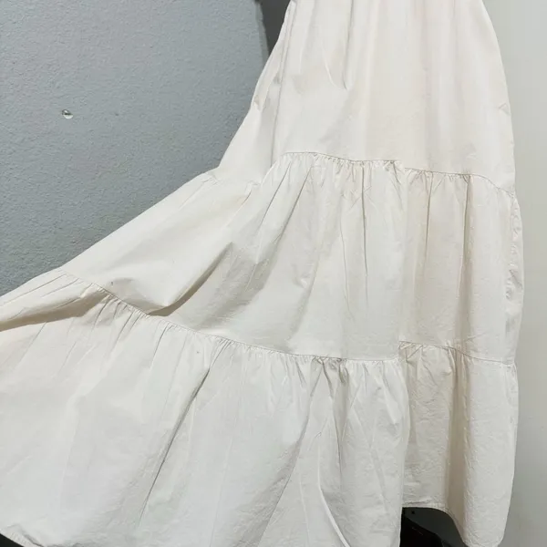 Women Ivory Smocked‎ Tiered Tie Straps Maxi Peasant Dress Size L 100% Cotton - Image 7