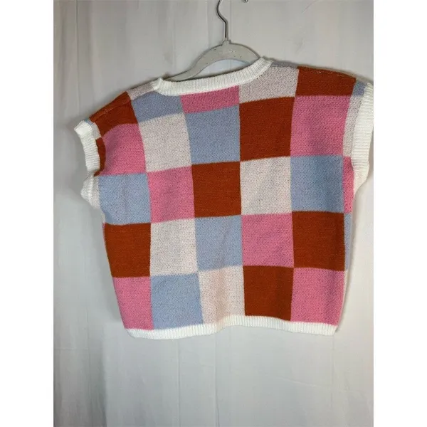 Womens Knit Sweater Vest Size S Colorblock Checkered Pink Blue Rust Cream - Image 8