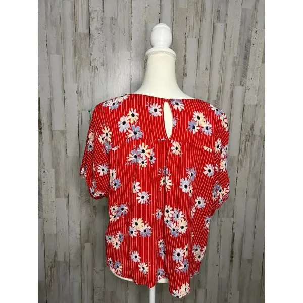 Madewell Women's Large Floral‎ Cropped Blouse Red V-Neck Short Sleeve - Image 3