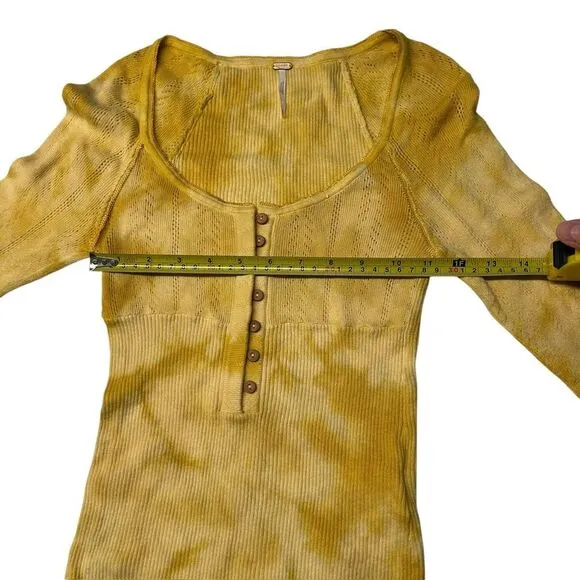 Y2K Free People XS Button Hanley Top‎ 3/4 Sleeve Gold Yellow Pointelle Coquette - Image 9