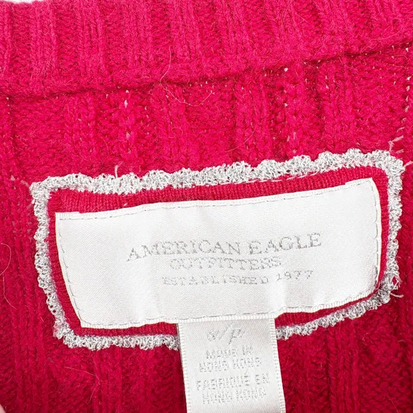 American Eagle Women Red Y2K Cable Knit Fisherman Preppy V-Neck Sweater Size S - Image 3