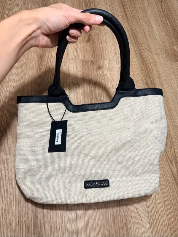 Rachel Zoe Large Tote Bag Natural Linen Canvas Black Trim Shoulder Purse NWT - Image 4