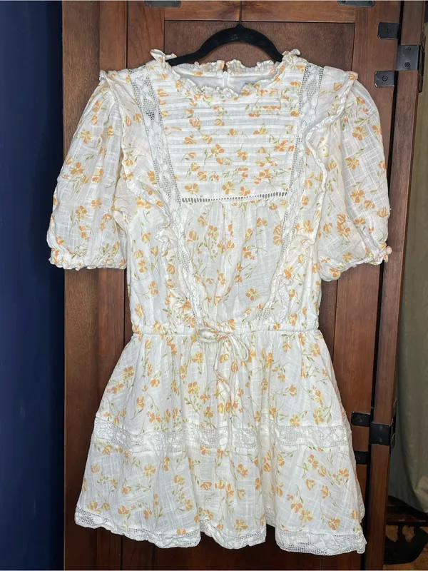 Sabo Skirt Womens Floral Mini Dress Small Ivory Lace Puff Sleeve Cottagecore Boh - Image 2