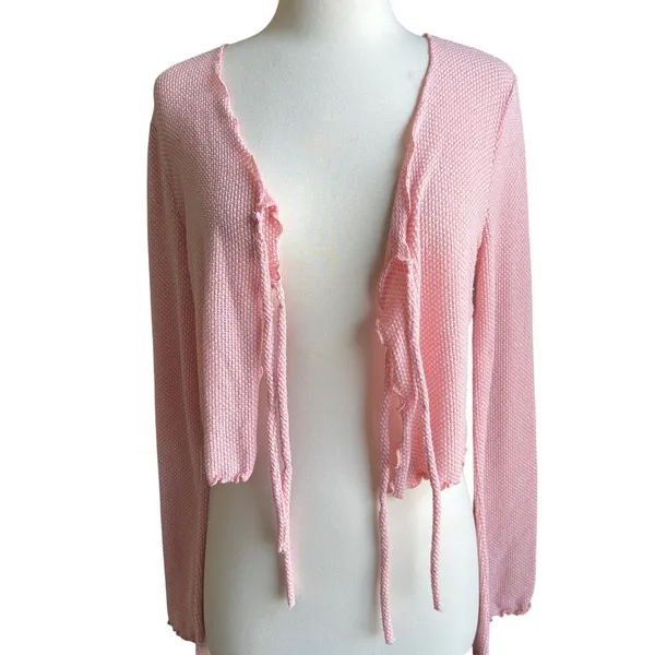 Paper Moon Pink Tie Open Front Cropped Cardigan Lrg Knit Y2K Fairy Coquette‎ 90s - Image 3
