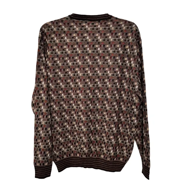 Norm Thompson Mens Geometric Knit Crewneck Sweater Brown Tan Burgundy XL 6244 - Image 5