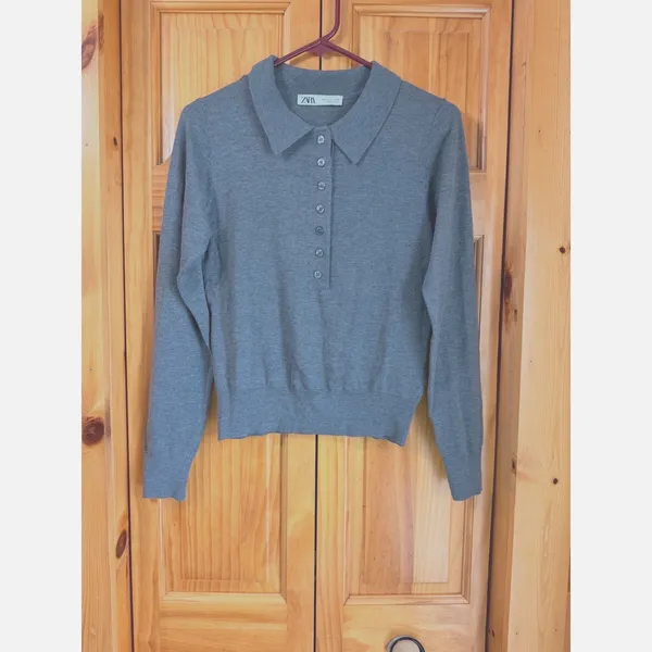 Zara Gray Marl Knit Wool Blend Polo Sweater S Long Sleeve Collared Lightweight - Image 3