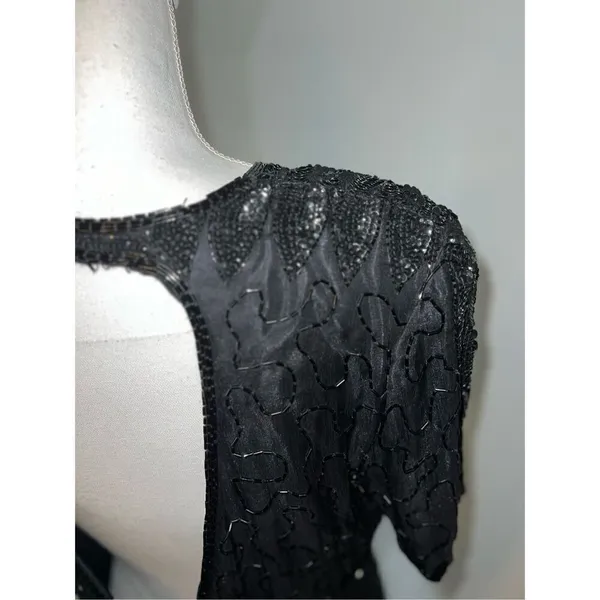 100% Silk Vintage Women’s Black Beaded Open Back MIDI Dress LARGE - Image 15