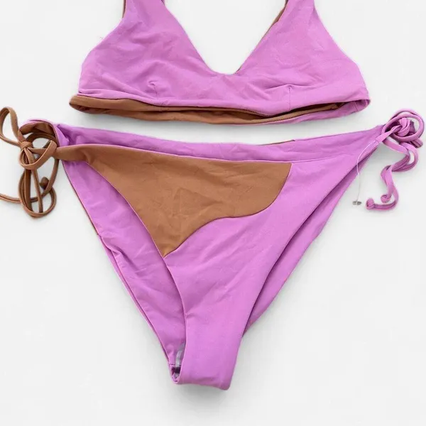 L*space pink brown swirl retro print tie vneck bikini set Size small large - Image 5