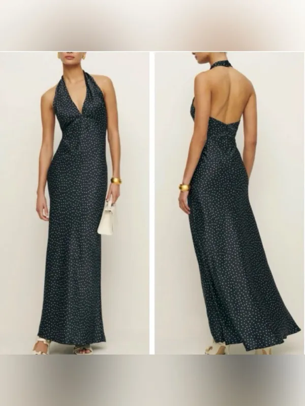 NEW Reformation Daniela Silk Selene Polka Dots Halter Maxi Sz 6 - Image 3