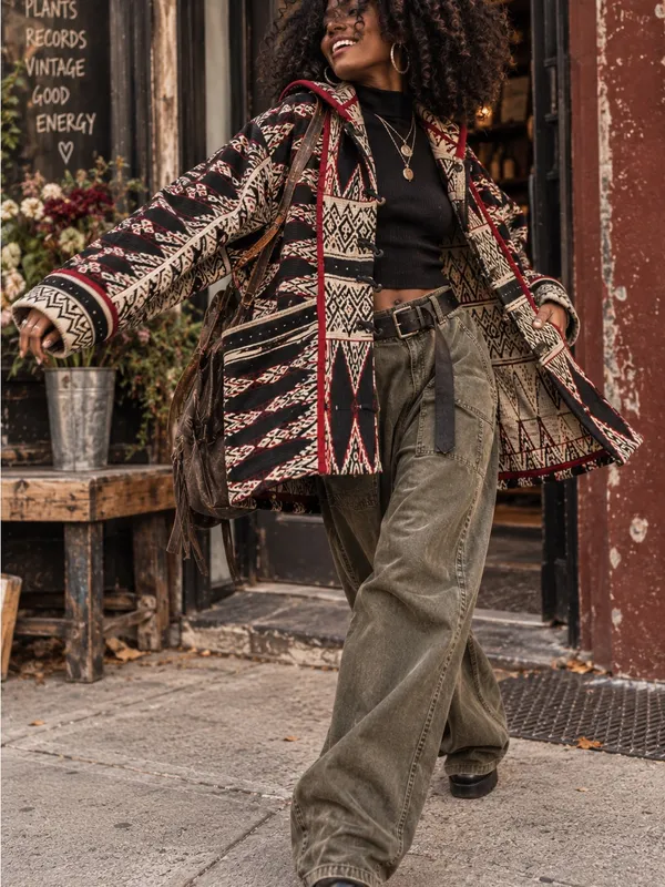 Cozy Geometric Hooded Cardigan Sweater in Black & Red - Image 2