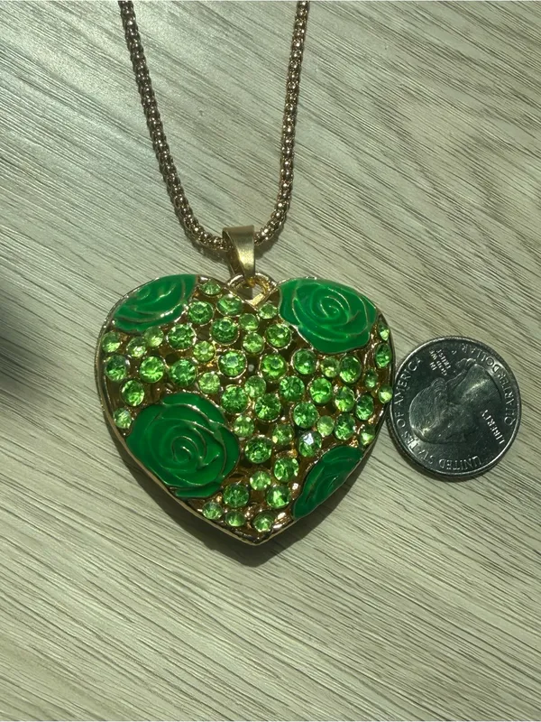 Betsey Johnson 32 inch Gold-Tone Heart Pendant Necklace Green Crystal Accents - Image 2