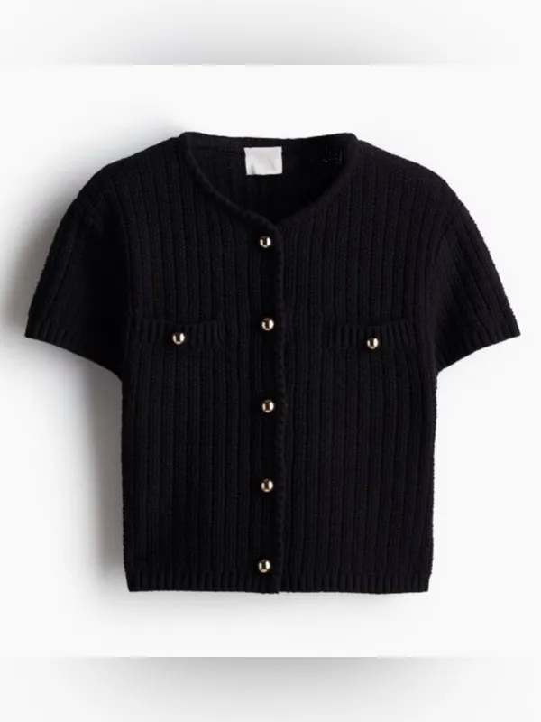 H&M Small Black Short Sleeve Knit Cardigan Gold Buttons Cropped Preppy Chic Top - Image 10
