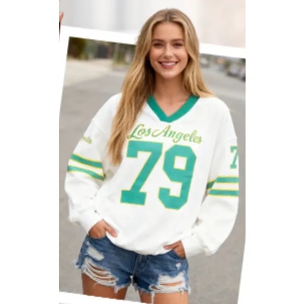 NEW Oversized Jersey Shirt V Neck Sweatshirt Graphic Pullover S - Image 2