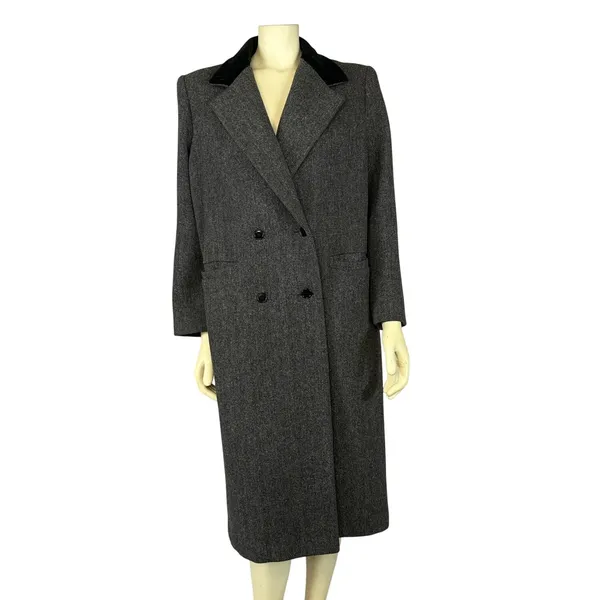 Vintage 1980s Central Park Wool Herringbone Velvet Collar Long Coat size Medium - Image 2