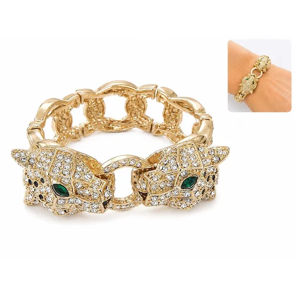 Nordstrom Gold lux Double Leopard Head Rhinestone Stretch Link Bracelet Green - Image 2