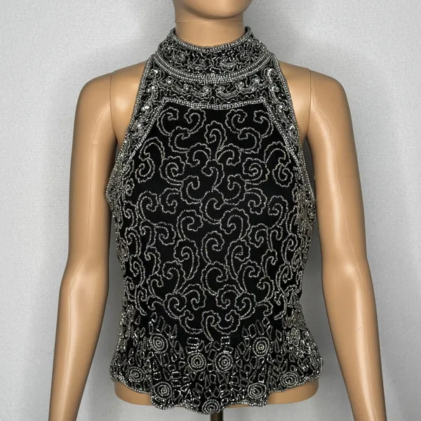 Vintage 1980s Papell Boutique Black Silver Beaded Silk Evening Top Small - Image 4